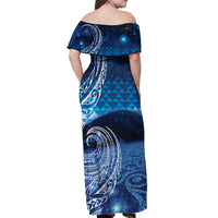 New Zealand Matariki Off Shoulder Maxi Dress Taniko Aramoana With Koru Galaxy Sky Night LT9 - Polynesian Pride