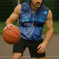 New Zealand Matariki Sleeveless Zip Hoodie Taniko Aramoana With Koru Galaxy Sky Night - Polynesian Pride