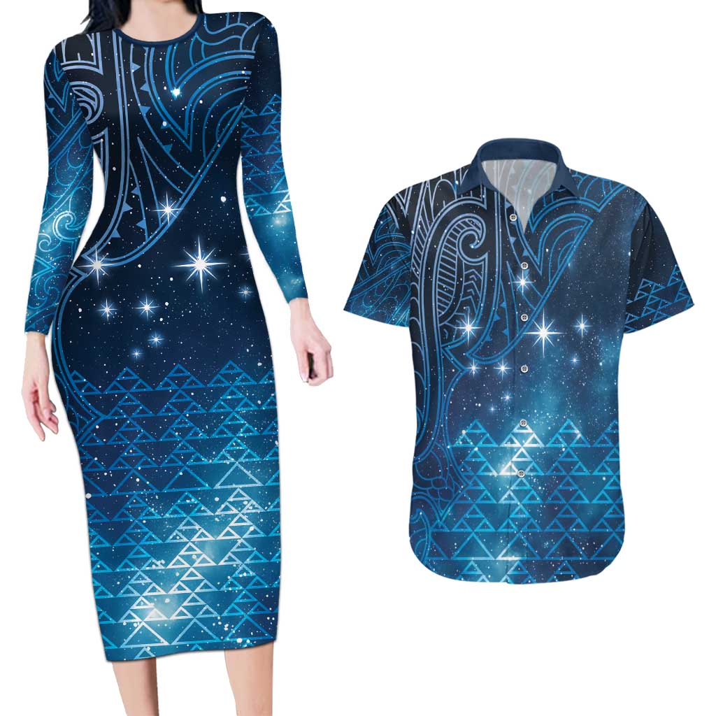 New Zealand Matariki Couples Matching Long Sleeve Bodycon Dress and Hawaiian Shirt Taniko Aramoana With Maori Galaxy Sky Night LT9 Galaxy - Polynesian Pride