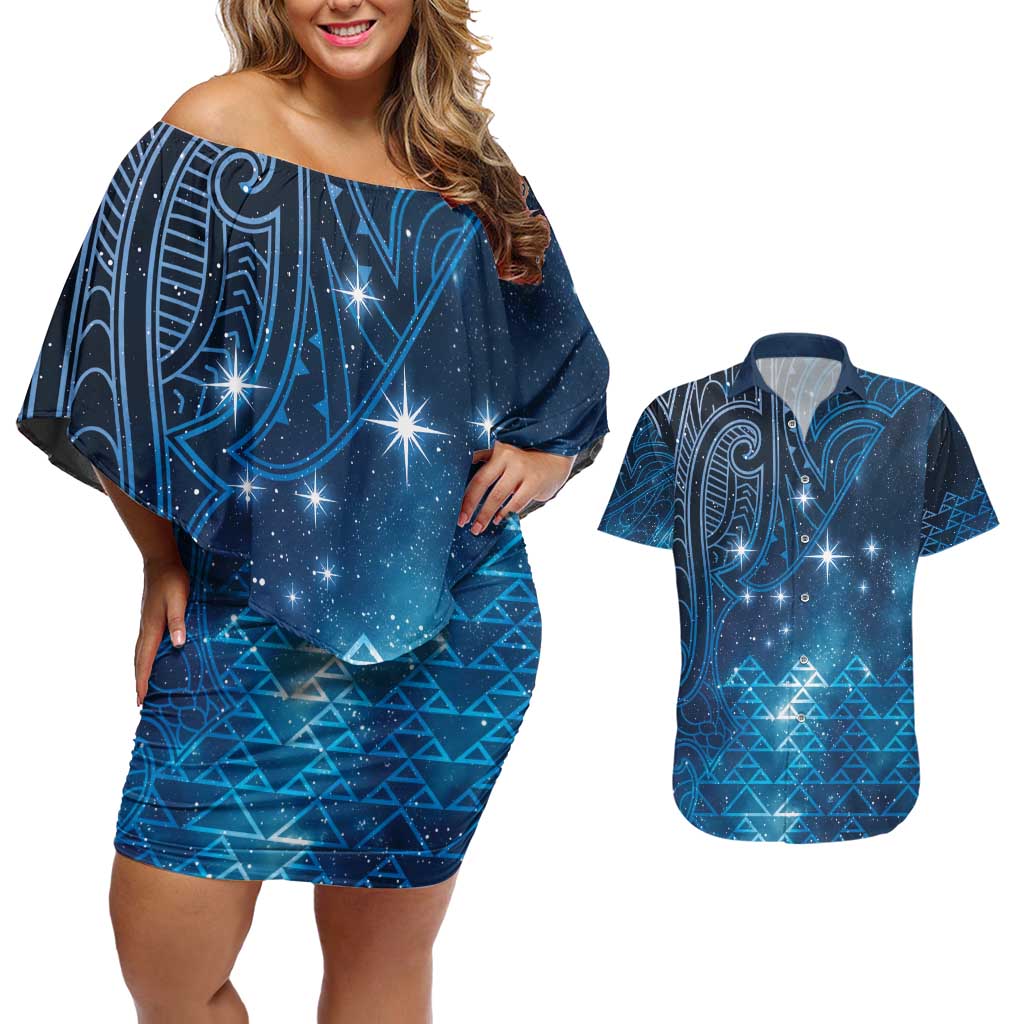 New Zealand Matariki Couples Matching Off Shoulder Short Dress and Hawaiian Shirt Taniko Aramoana With Maori Galaxy Sky Night LT9 Galaxy - Polynesian Pride