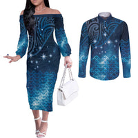 New Zealand Matariki Couples Matching Off The Shoulder Long Sleeve Dress and Long Sleeve Button Shirt Taniko Aramoana With Maori Galaxy Sky Night LT9 Galaxy - Polynesian Pride