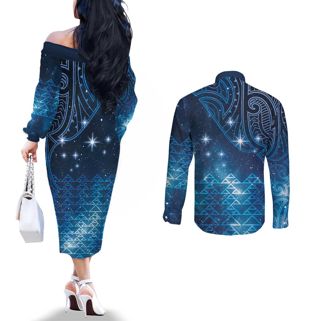 New Zealand Matariki Couples Matching Off The Shoulder Long Sleeve Dress and Long Sleeve Button Shirt Taniko Aramoana With Maori Galaxy Sky Night LT9 - Polynesian Pride