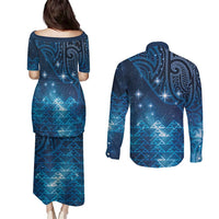 New Zealand Matariki Couples Matching Puletasi and Long Sleeve Button Shirt Taniko Aramoana With Maori Galaxy Sky Night LT9 - Polynesian Pride