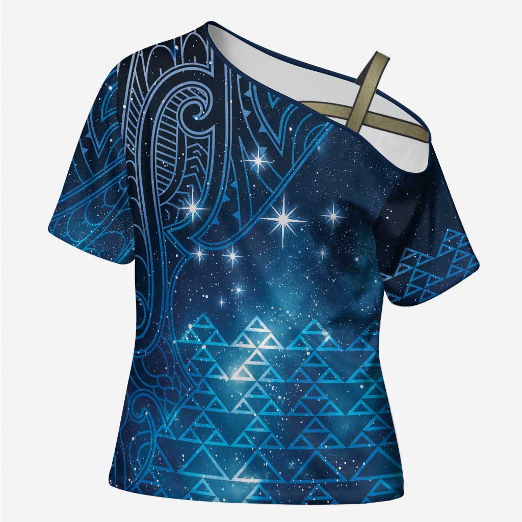 New Zealand Matariki Cross Shoulder Shirt Taniko Aramoana With Maori Galaxy Sky Night - Polynesian Pride