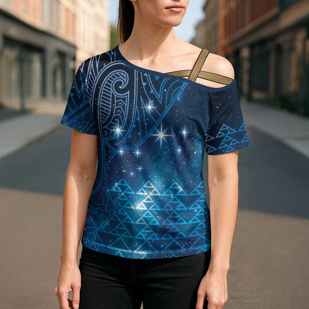 New Zealand Matariki Cross Shoulder Shirt Taniko Aramoana With Maori Galaxy Sky Night - Polynesian Pride