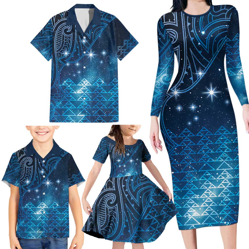 New Zealand Matariki Family Matching Long Sleeve Bodycon Dress and Hawaiian Shirt Taniko Aramoana With Maori Galaxy Sky Night LT9 - Polynesian Pride
