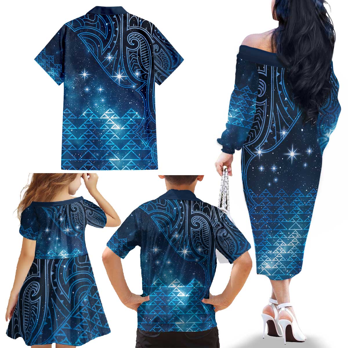 New Zealand Matariki Family Matching Off The Shoulder Long Sleeve Dress and Hawaiian Shirt Taniko Aramoana With Maori Galaxy Sky Night