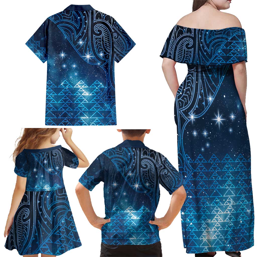 New Zealand Matariki Family Matching Off Shoulder Maxi Dress and Hawaiian Shirt Taniko Aramoana With Maori Galaxy Sky Night