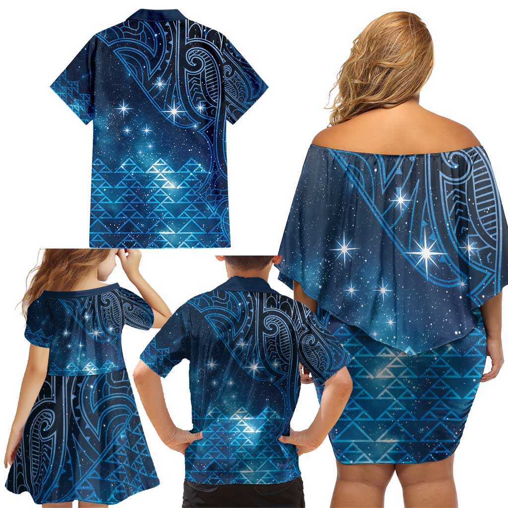 New Zealand Matariki Family Matching Off Shoulder Short Dress and Hawaiian Shirt Taniko Aramoana With Maori Galaxy Sky Night