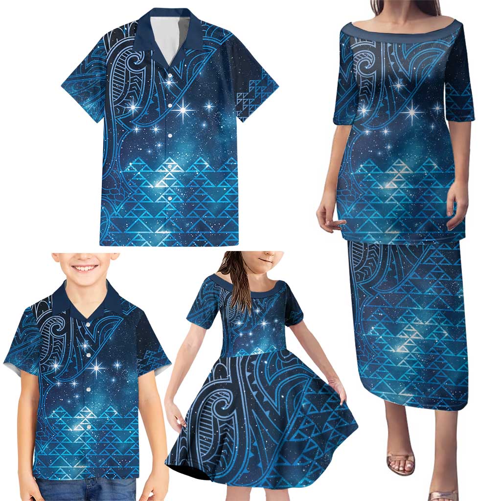New Zealand Matariki Family Matching Puletasi and Hawaiian Shirt Taniko Aramoana With Maori Galaxy Sky Night