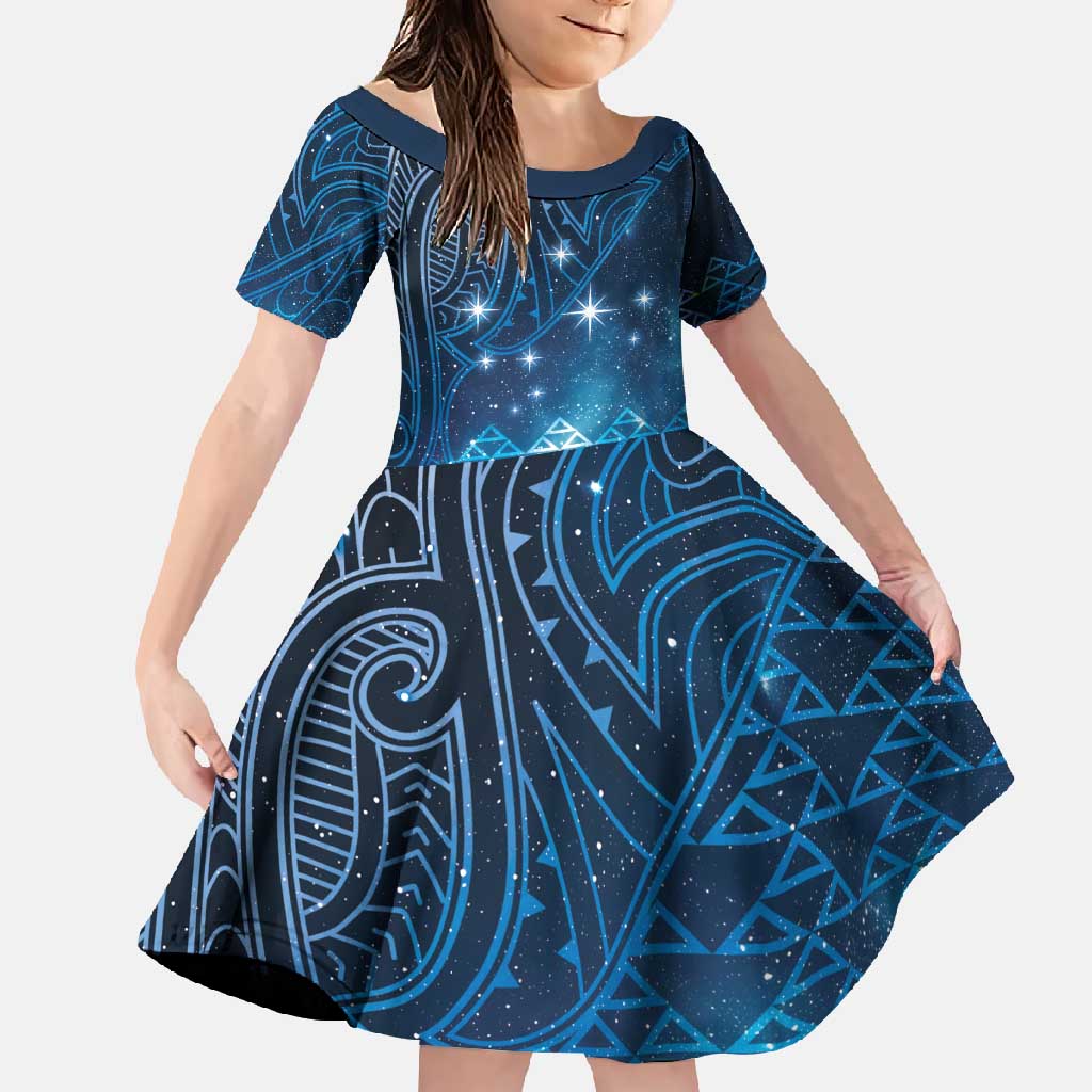 New Zealand Matariki Family Matching Summer Maxi Dress and Hawaiian Shirt Taniko Aramoana With Maori Galaxy Sky Night LT9 Daughter's Dress Galaxy - Polynesian Pride
