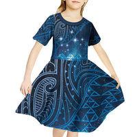 New Zealand Matariki Kid Short Sleeve Dress Taniko Aramoana With Maori Galaxy Sky Night LT9 - Polynesian Pride