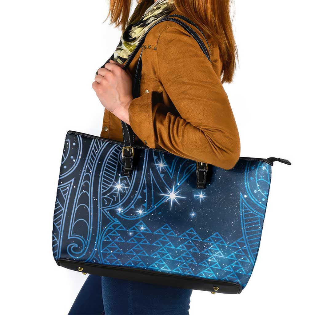 New Zealand Matariki Leather Tote Bag Taniko Aramoana With Maori Galaxy Sky Night LT9 Galaxy - Polynesian Pride