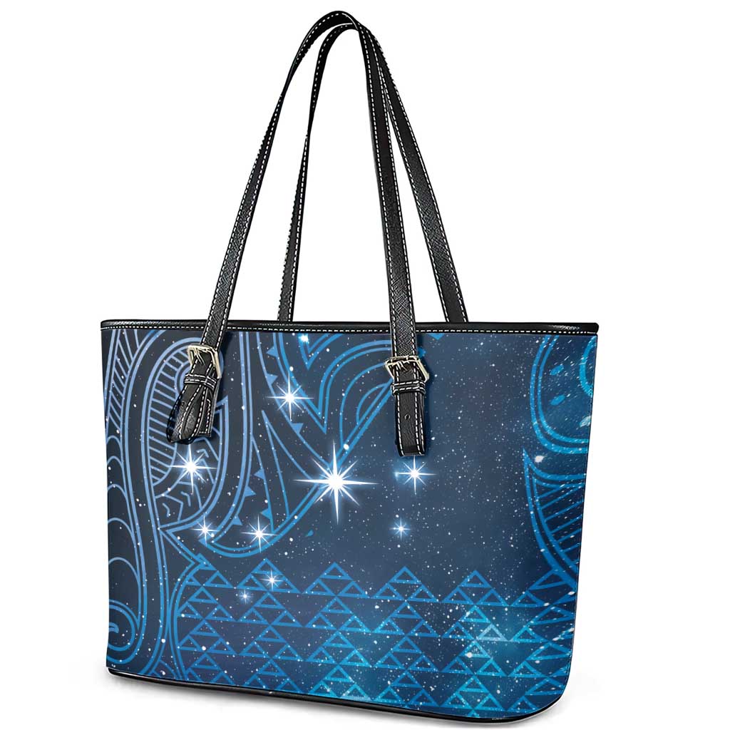 New Zealand Matariki Leather Tote Bag Taniko Aramoana With Maori Galaxy Sky Night LT9 - Polynesian Pride