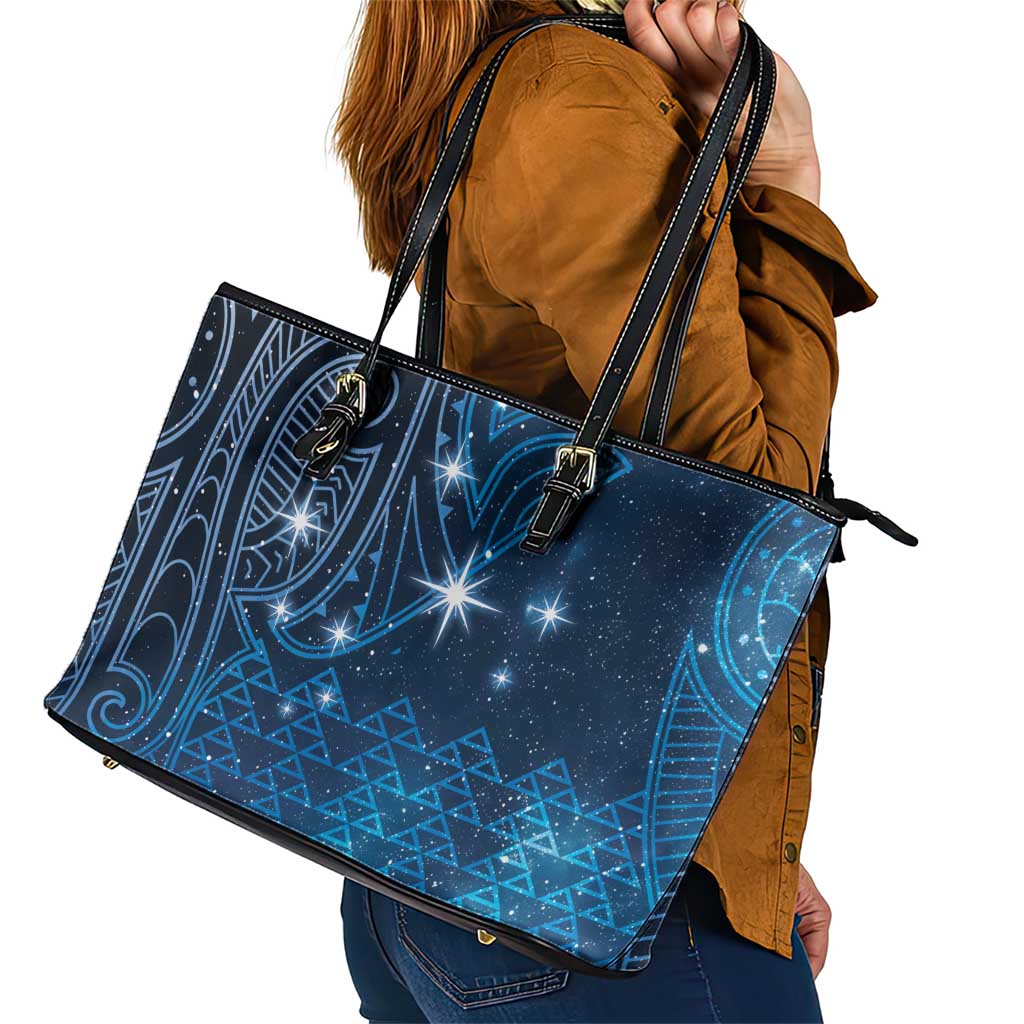 New Zealand Matariki Leather Tote Bag Taniko Aramoana With Maori Galaxy Sky Night LT9 - Polynesian Pride