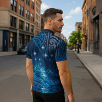 New Zealand Matariki Zipper Polo Shirt Taniko Aramoana With Maori Galaxy Sky Night - Polynesian Pride