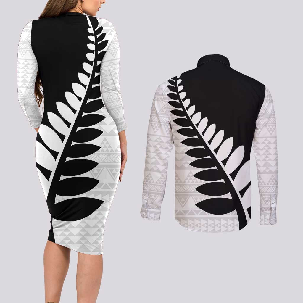 New Zealand Silver Fern Niho Taniwha Couples Matching Long Sleeve Bodycon Dress and Long Sleeve Button Shirt LT9 - Polynesian Pride