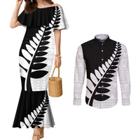 New Zealand Silver Fern Niho Taniwha Couples Matching Mermaid Dress and Long Sleeve Button Shirt LT9 Black - Polynesian Pride