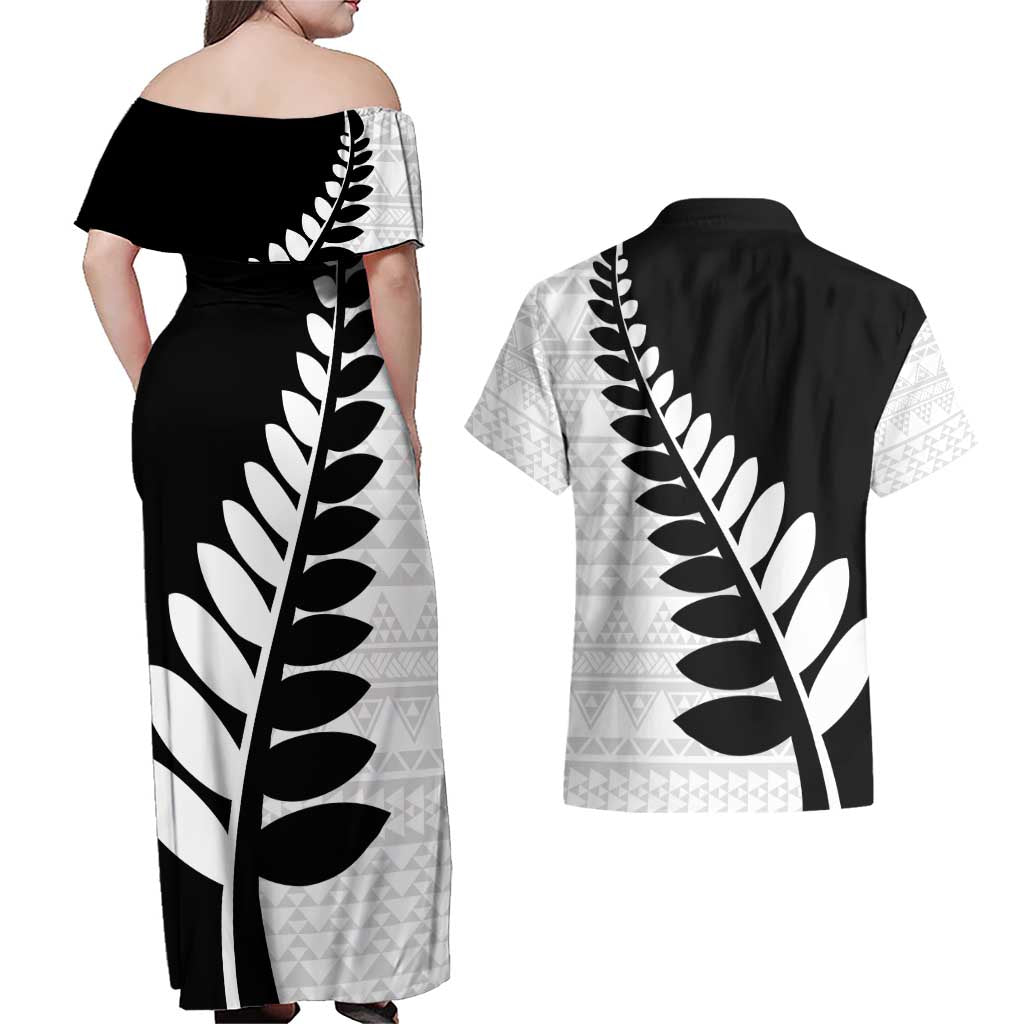 New Zealand Silver Fern Niho Taniwha Couples Matching Off Shoulder Maxi Dress and Hawaiian Shirt LT9 - Polynesian Pride