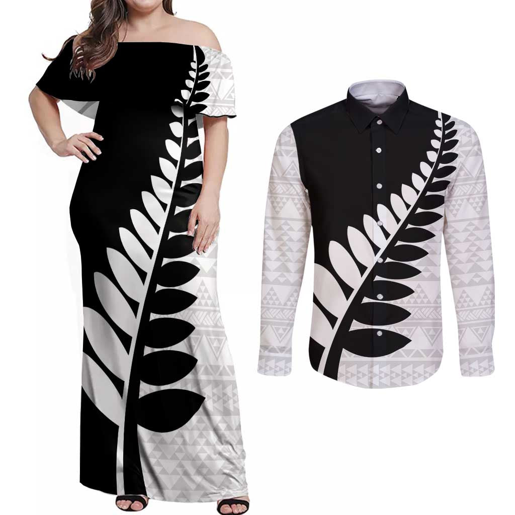 New Zealand Silver Fern Niho Taniwha Couples Matching Off Shoulder Maxi Dress and Long Sleeve Button Shirt LT9 Black - Polynesian Pride