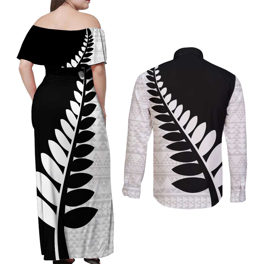 New Zealand Silver Fern Niho Taniwha Couples Matching Off Shoulder Maxi Dress and Long Sleeve Button Shirt LT9 - Polynesian Pride