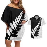 New Zealand Silver Fern Niho Taniwha Couples Matching Off Shoulder Short Dress and Hawaiian Shirt LT9 Black - Polynesian Pride