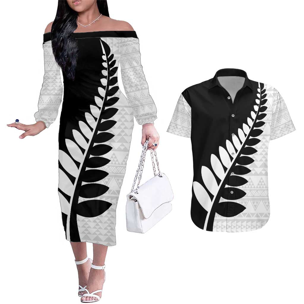 New Zealand Silver Fern Niho Taniwha Couples Matching Off The Shoulder Long Sleeve Dress and Hawaiian Shirt