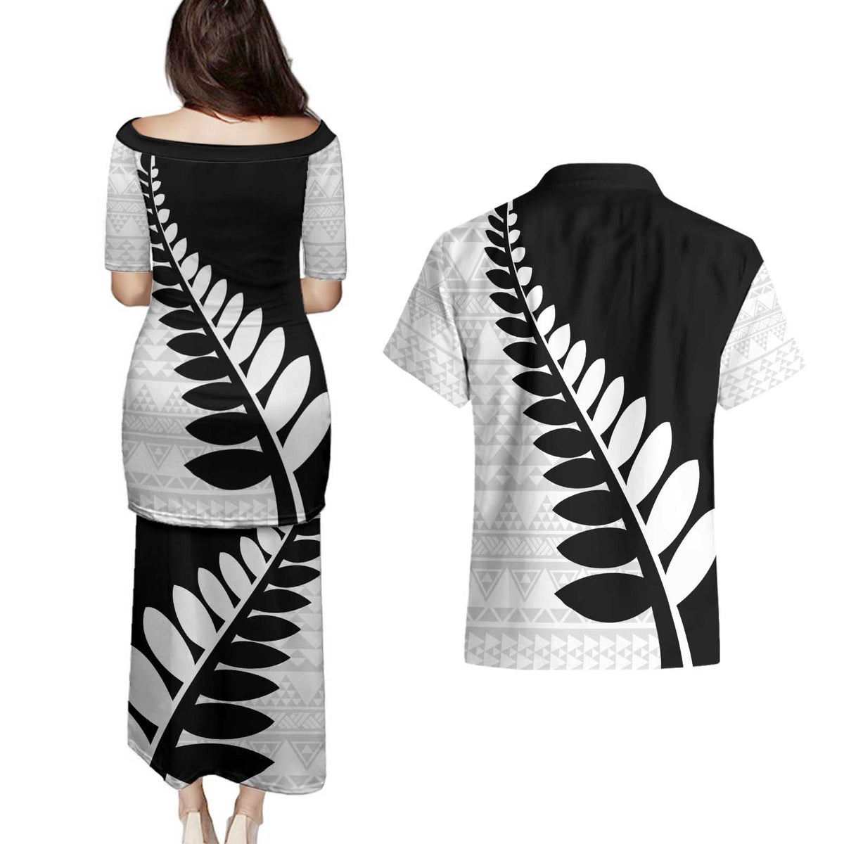 New Zealand Silver Fern Niho Taniwha Couples Matching Puletasi and Hawaiian Shirt LT9 - Polynesian Pride