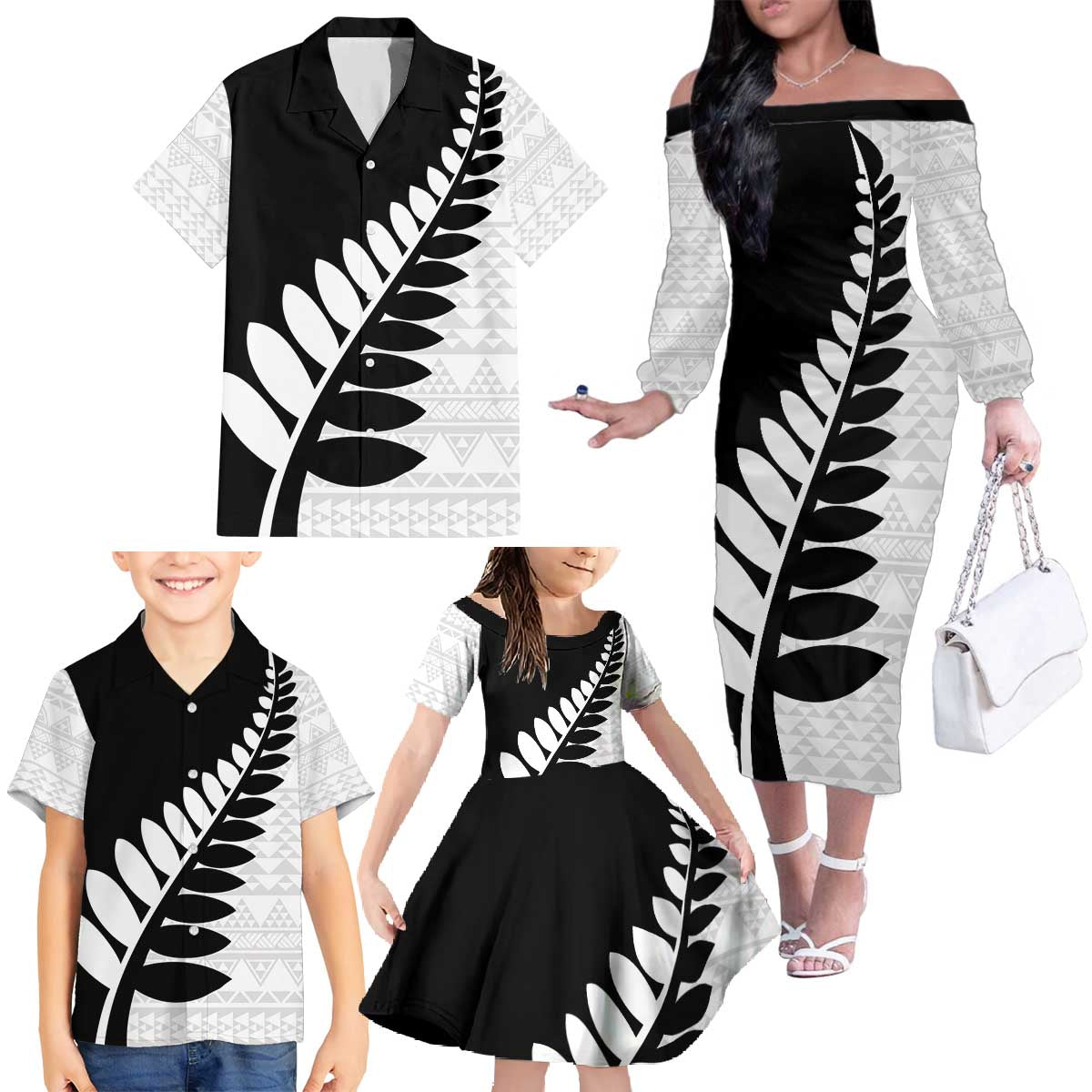 New Zealand Silver Fern Niho Taniwha Family Matching Off The Shoulder Long Sleeve Dress and Hawaiian Shirt