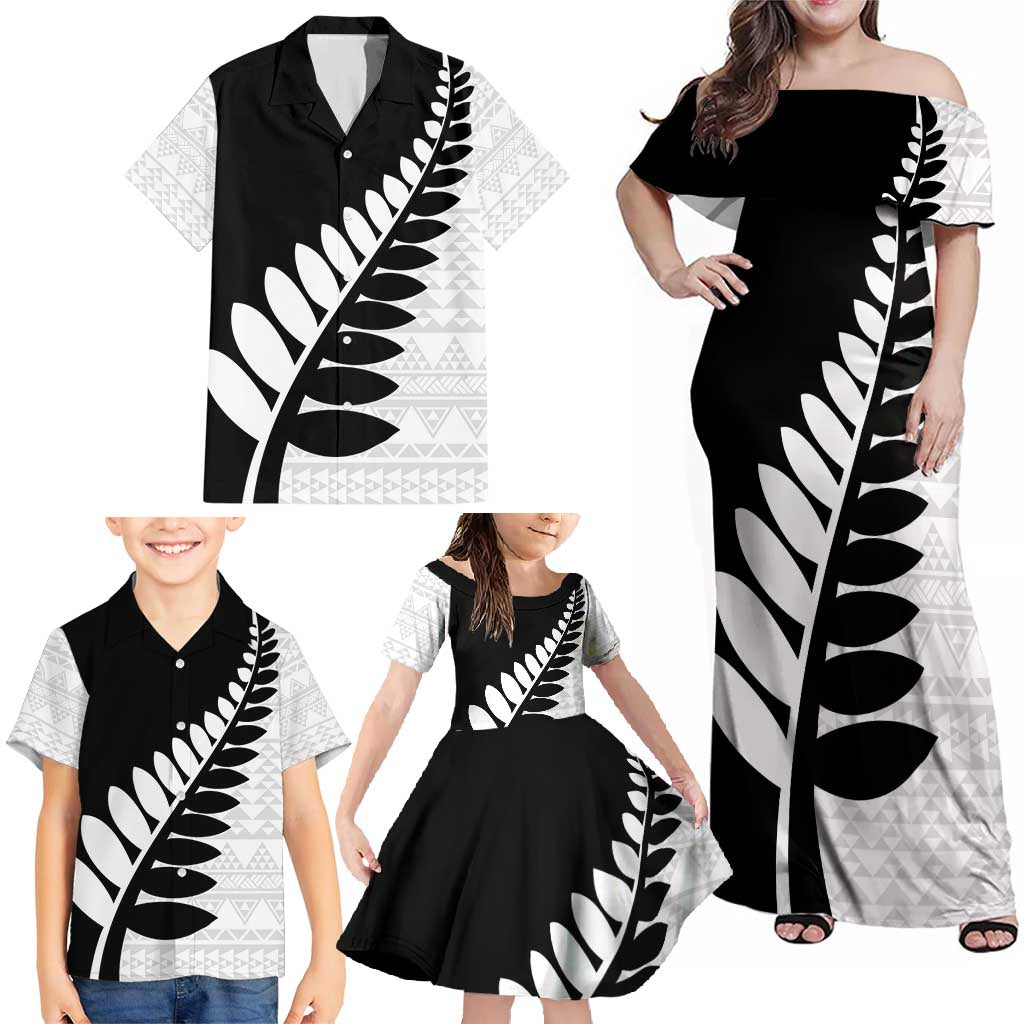 New Zealand Silver Fern Niho Taniwha Family Matching Off Shoulder Maxi Dress and Hawaiian Shirt