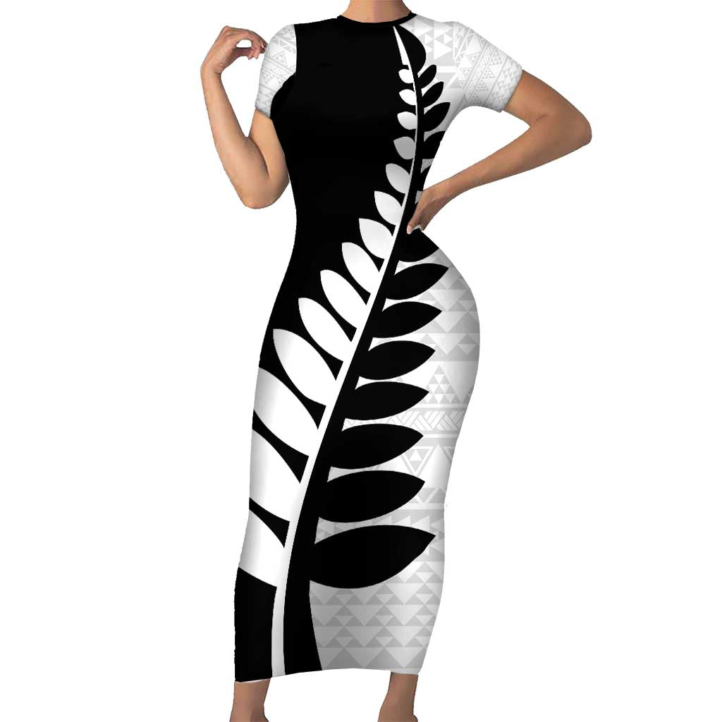 New Zealand Silver Fern Niho Taniwha Family Matching Short Sleeve Bodycon Dress and Hawaiian Shirt LT9 Mom's Dress Black - Polynesian Pride