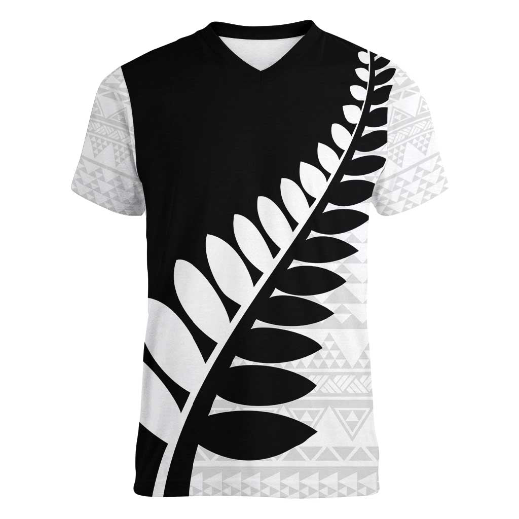 New Zealand Silver Fern Niho Taniwha Women V-Neck T-Shirt LT9 Female Black - Polynesian Pride