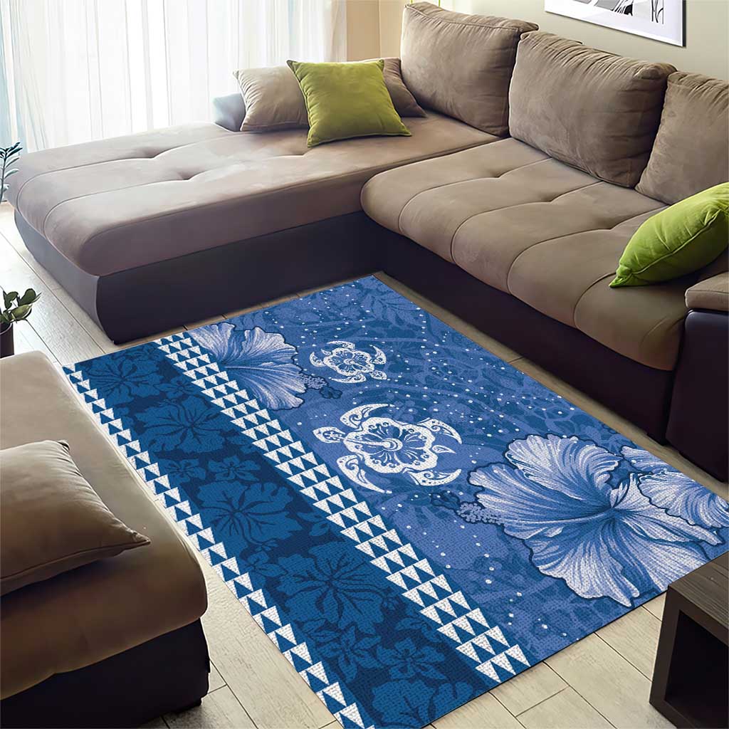 Blue Hibiscus Turle Area Rug Hawaiian Style Tribal Tapa Pattern
