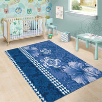 Blue Hibiscus Turle Area Rug Hawaiian Style Tribal Tapa Pattern