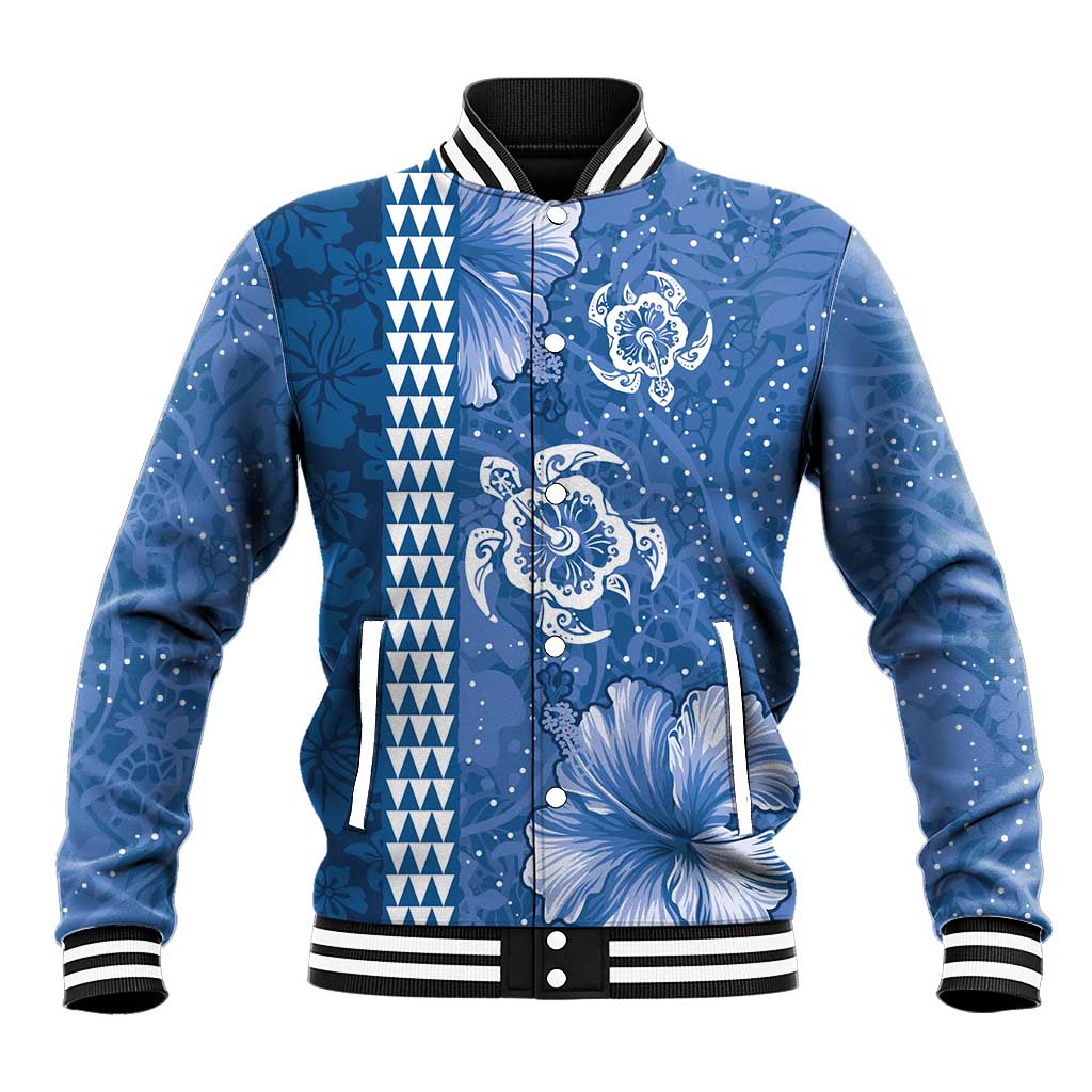 Blue Hibiscus Turle Baseball Jacket Hawaiian Style Tribal Tapa Pattern