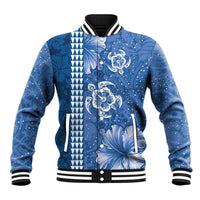 Blue Hibiscus Turle Baseball Jacket Hawaiian Style Tribal Tapa Pattern
