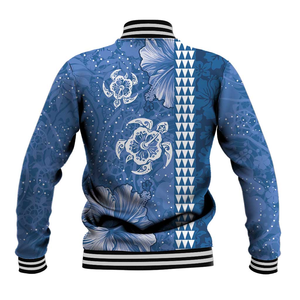 Blue Hibiscus Turle Baseball Jacket Hawaiian Style Tribal Tapa Pattern