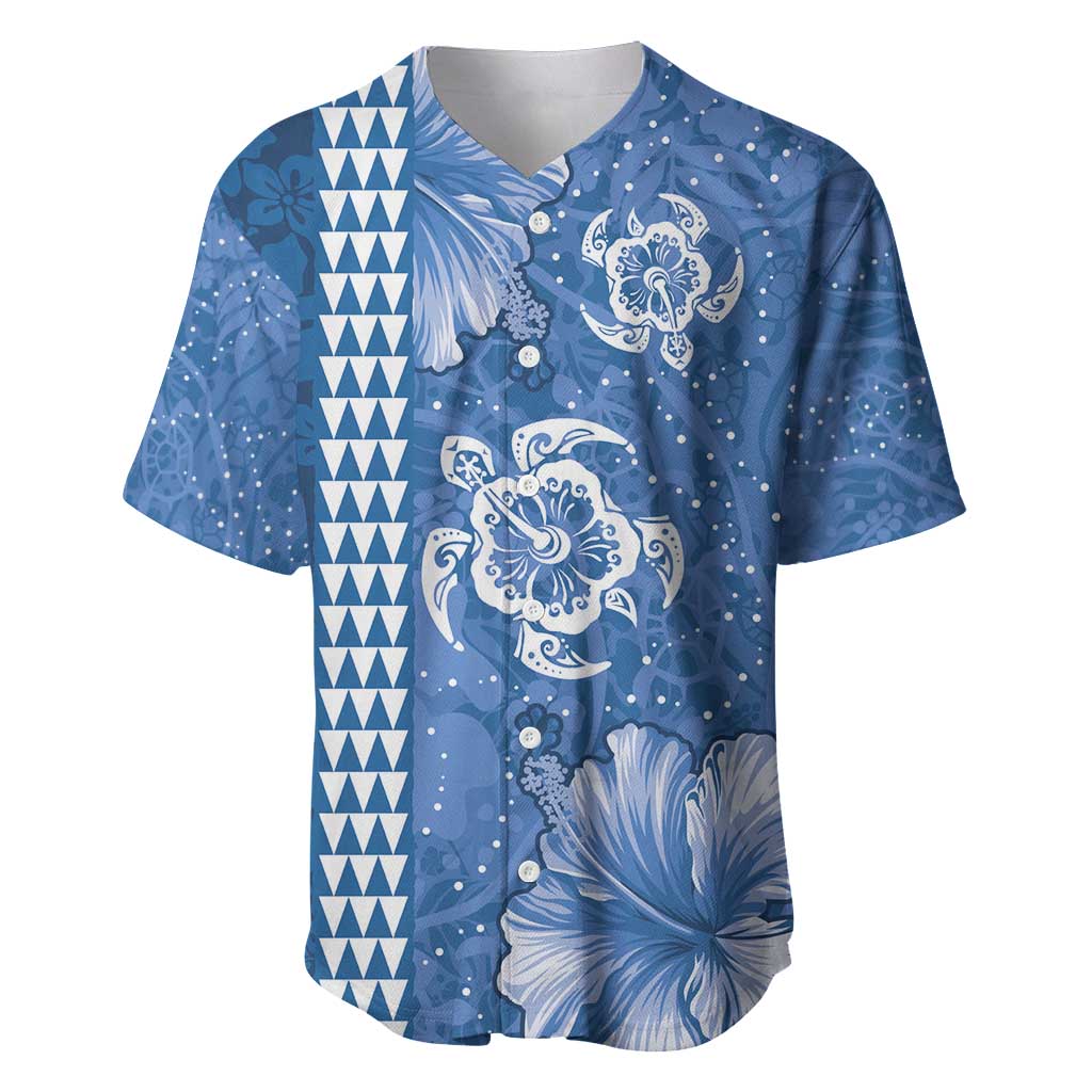 Blue Hibiscus Turle Baseball Jersey Hawaiian Style Tribal Tapa Pattern LT9 Blue - Polynesian Pride