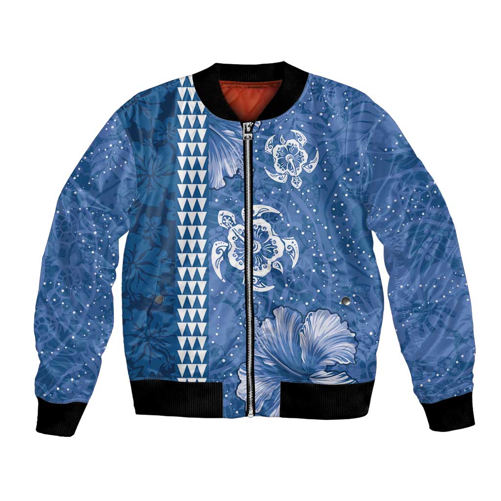 Blue Hibiscus Turle Bomber Jacket Hawaiian Style Tribal Tapa Pattern LT9 Unisex Blue - Polynesian Pride