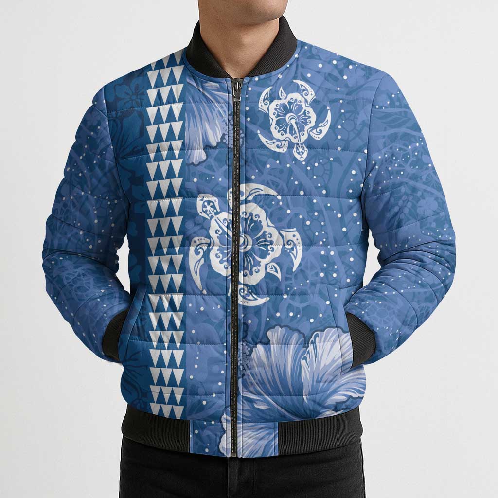 Blue Hibiscus Turle Bomber Puffer Jacket Hawaiian Style Tribal Tapa Pattern LT9 - Polynesian Pride