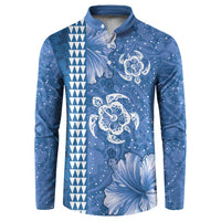 Blue Hibiscus Turle Button Sweatshirt Hawaiian Style Tribal Tapa Pattern