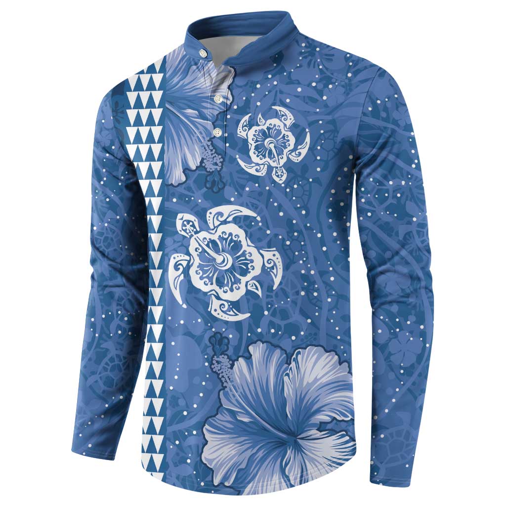 Blue Hibiscus Turle Button Sweatshirt Hawaiian Style Tribal Tapa Pattern