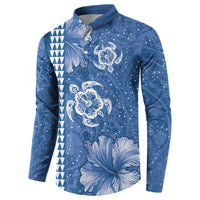 Blue Hibiscus Turle Button Sweatshirt Hawaiian Style Tribal Tapa Pattern