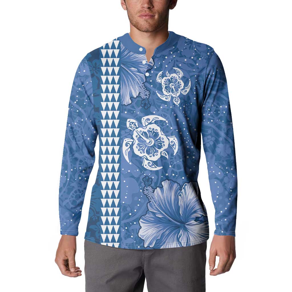 Blue Hibiscus Turle Button Sweatshirt Hawaiian Style Tribal Tapa Pattern