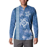 Blue Hibiscus Turle Button Sweatshirt Hawaiian Style Tribal Tapa Pattern