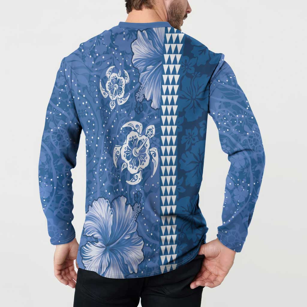 Blue Hibiscus Turle Button Sweatshirt Hawaiian Style Tribal Tapa Pattern