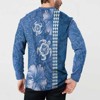 Blue Hibiscus Turle Button Sweatshirt Hawaiian Style Tribal Tapa Pattern