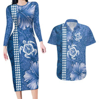 Blue Hibiscus Turle Couples Matching Long Sleeve Bodycon Dress and Hawaiian Shirt Hawaiian Style Tribal Tapa Pattern LT9 Blue - Polynesian Pride