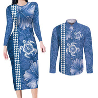 Blue Hibiscus Turle Couples Matching Long Sleeve Bodycon Dress and Long Sleeve Button Shirt Hawaiian Style Tribal Tapa Pattern LT9 Blue - Polynesian Pride