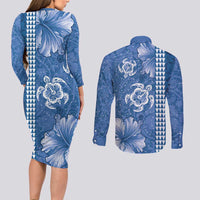 Blue Hibiscus Turle Couples Matching Long Sleeve Bodycon Dress and Long Sleeve Button Shirt Hawaiian Style Tribal Tapa Pattern LT9 - Polynesian Pride